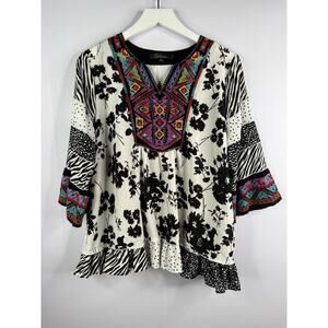 Calessa Top Women PL Embroidered Top Mixed Print Bell Sleeve Artsy Boho